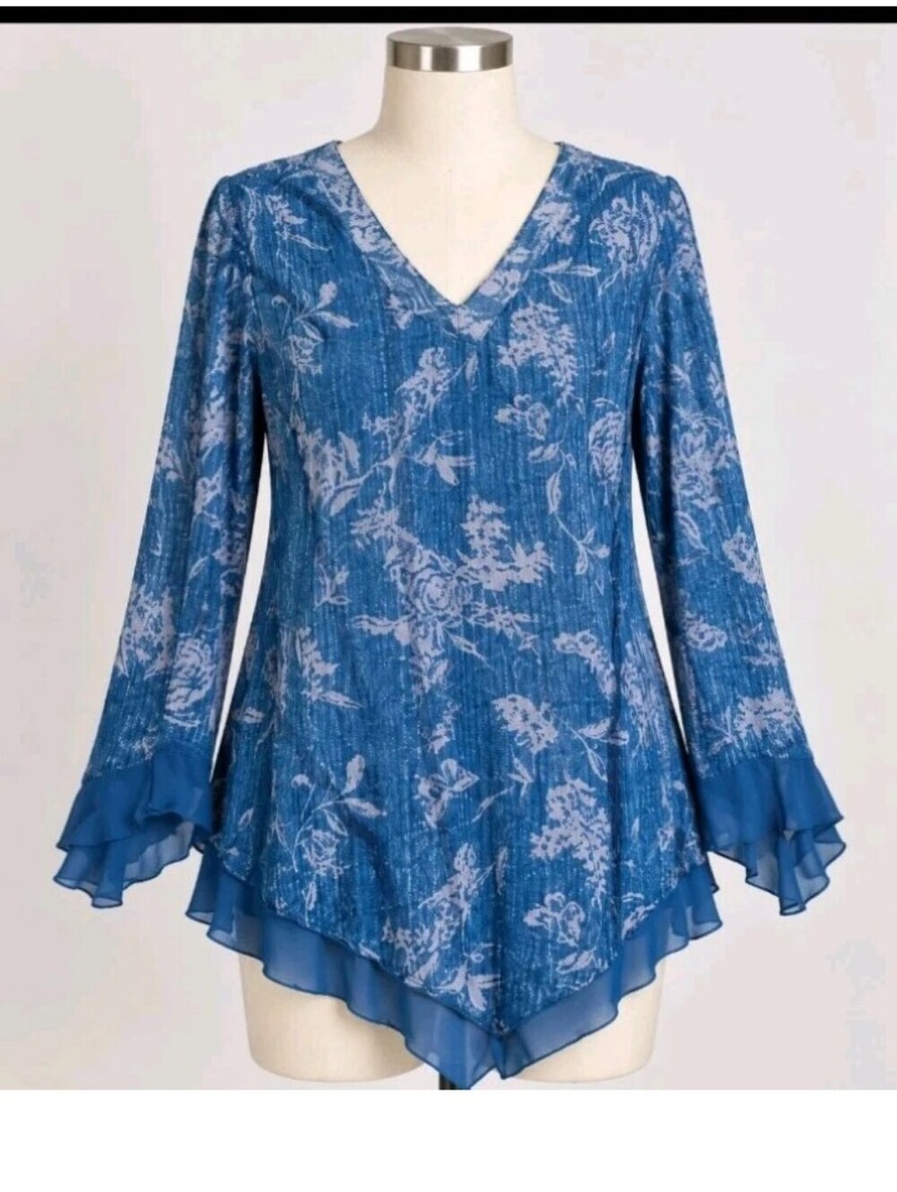 Blue Floral V-Neck Flowing Handkerchief Hem Tunic